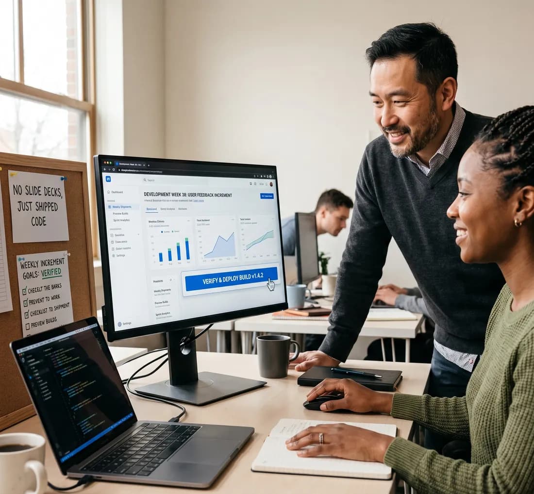 Engineers reviewing a project dashboard and code during a development sprint.